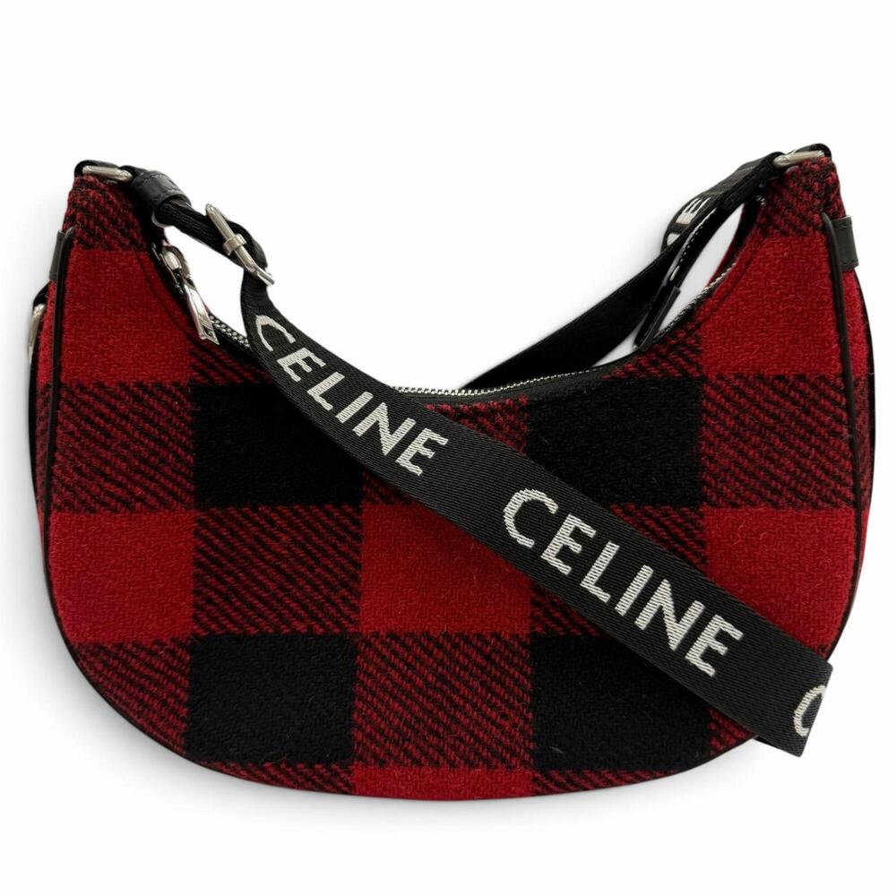 CELINE 19696 Medium Ava Check Shoulder Bag, Leather Accents, Logo, Red/Black,...